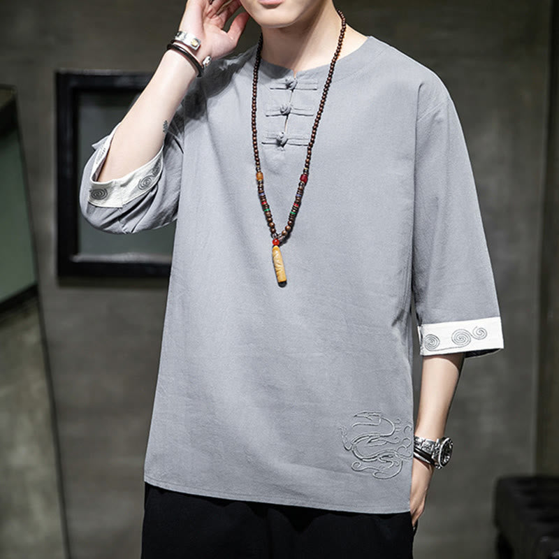 Buddha Stones夏 刺繍 無地 カエルボタン メンズ クルーネック 半袖 コットン リネン シャツ 衣類 - image 3