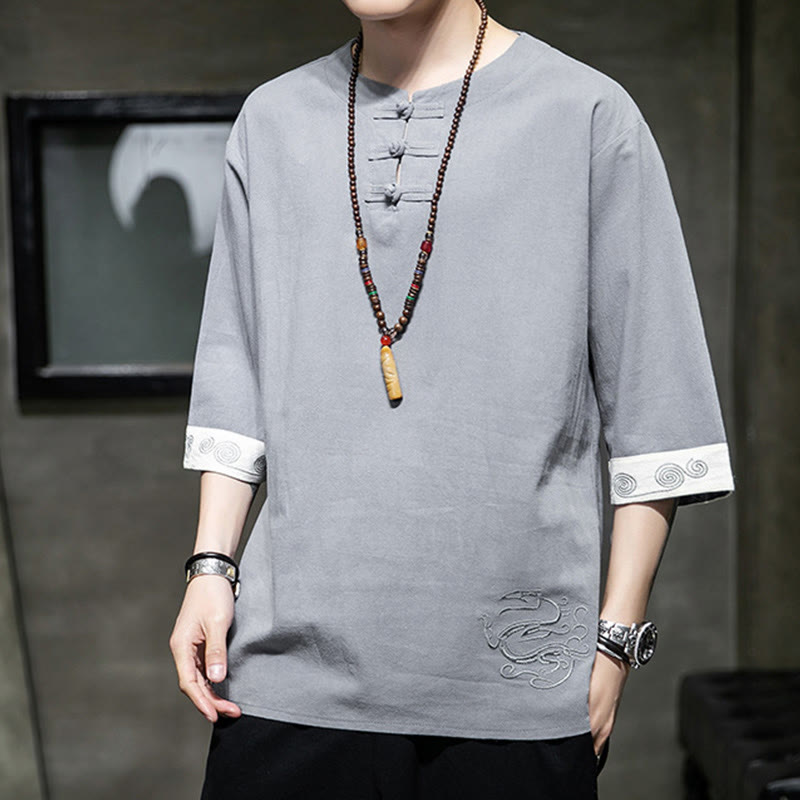 Buddha Stones夏 刺繍 無地 カエルボタン メンズ クルーネック 半袖 コットン リネン シャツ 衣類 - image 1