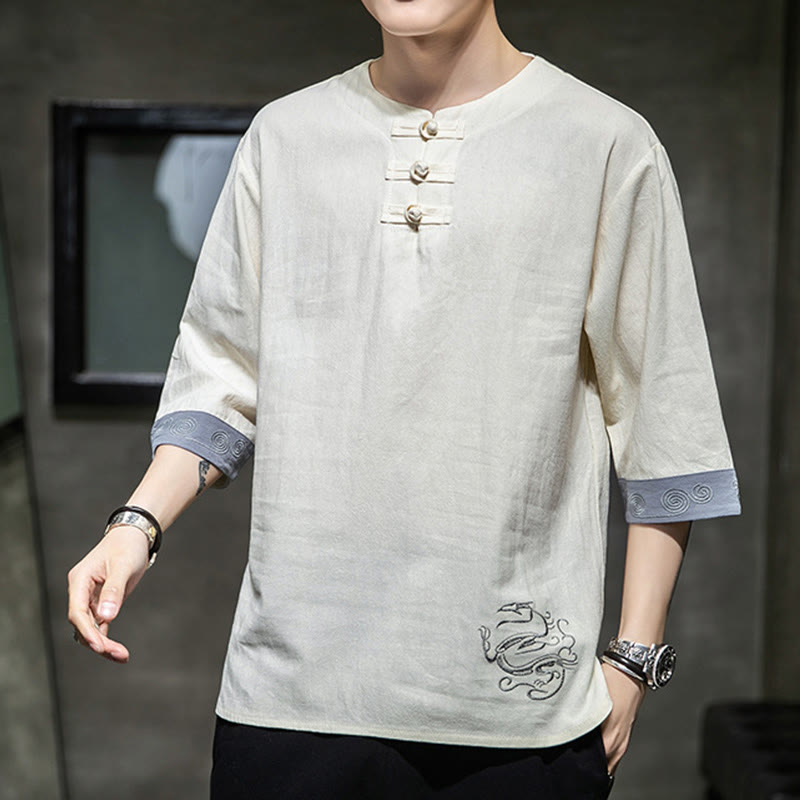 Buddha Stones夏 刺繍 無地 カエルボタン メンズ クルーネック 半袖 コットン リネン シャツ 衣類 - image 13