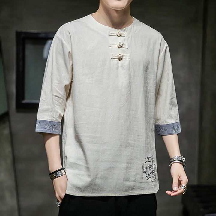 Buddha Stones夏 刺繍 無地 カエルボタン メンズ クルーネック 半袖 コットン リネン シャツ 衣類 - image 16