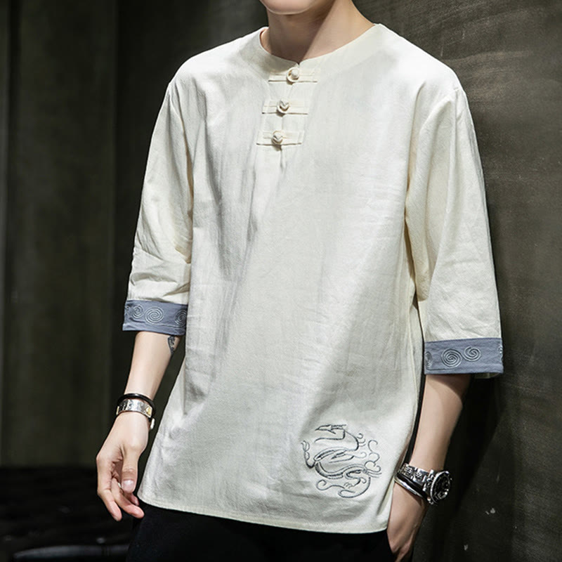 Buddha Stones夏 刺繍 無地 カエルボタン メンズ クルーネック 半袖 コットン リネン シャツ 衣類 - image 17