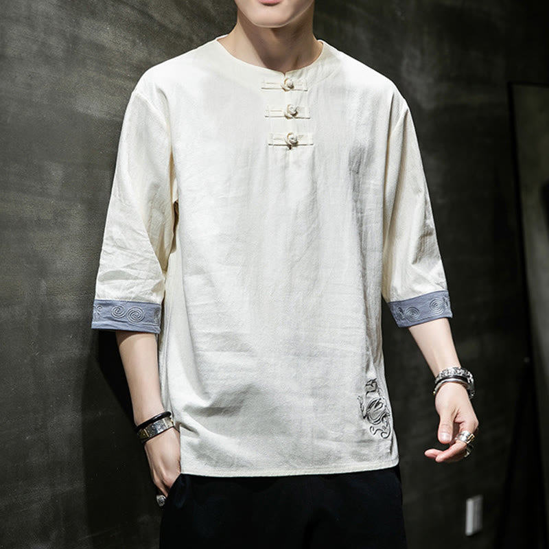 Buddha Stones夏 刺繍 無地 カエルボタン メンズ クルーネック 半袖 コットン リネン シャツ 衣類 - image 12