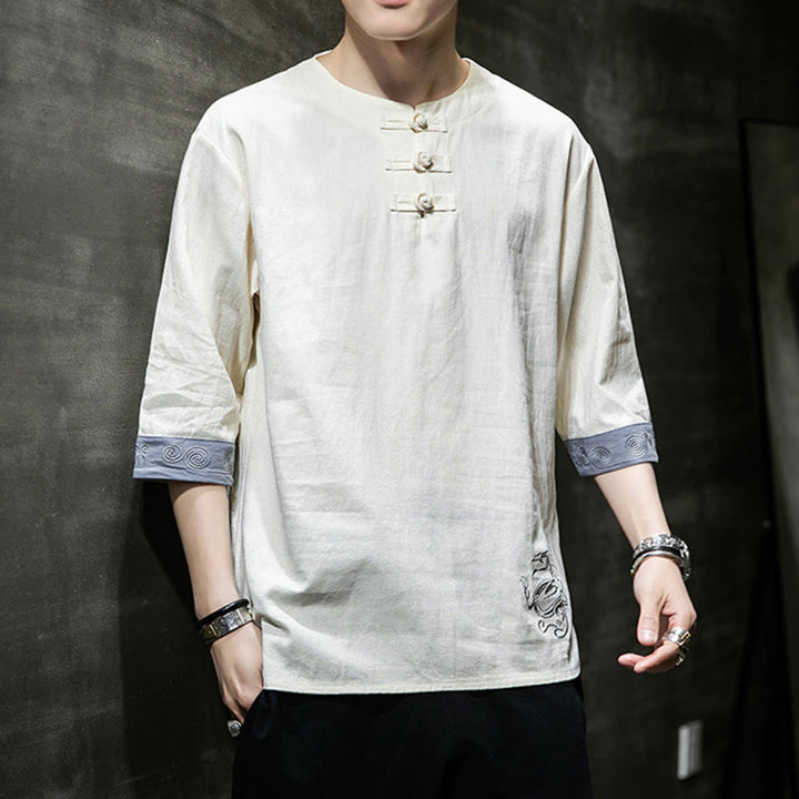 Buddha Stones夏 刺繍 無地 カエルボタン メンズ クルーネック 半袖 コットン リネン シャツ 衣類 - image 12