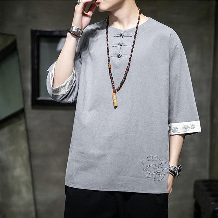 Buddha Stones夏 刺繍 無地 カエルボタン メンズ クルーネック 半袖 コットン リネン シャツ 衣類 - image 4