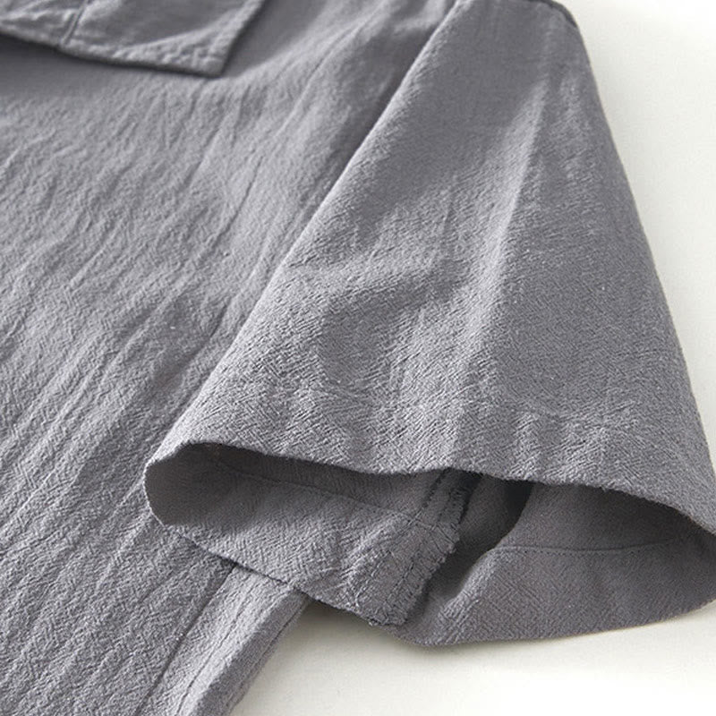 Buddha Stonesヴィンテージ無地シンプルデザインメンズ半袖コットンリネンシャツポケット付き - image 3