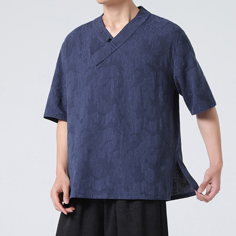 Buddha Stonesエスニック風 ダメージ加工 ジャカード フロッグボタン メンズ スタンドカラー 半袖 コットンリネン シャツ 太極拳服 - image 4