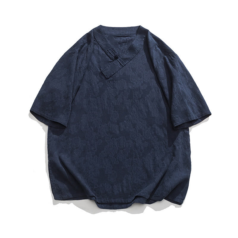 Buddha Stonesエスニック風 ダメージ加工 ジャカード フロッグボタン メンズ スタンドカラー 半袖 コットンリネン シャツ 太極拳服 - ダークスレートブルー - US/UK/AU46、 EU56 (5XL) - image 0