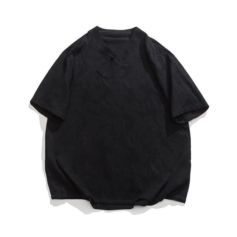 Buddha Stonesエスニック風 ダメージ加工 ジャカード フロッグボタン メンズ スタンドカラー 半袖 コットンリネン シャツ 太極拳服 - 黒 - US/UK/AU46、 EU56 (5XL) - image 12