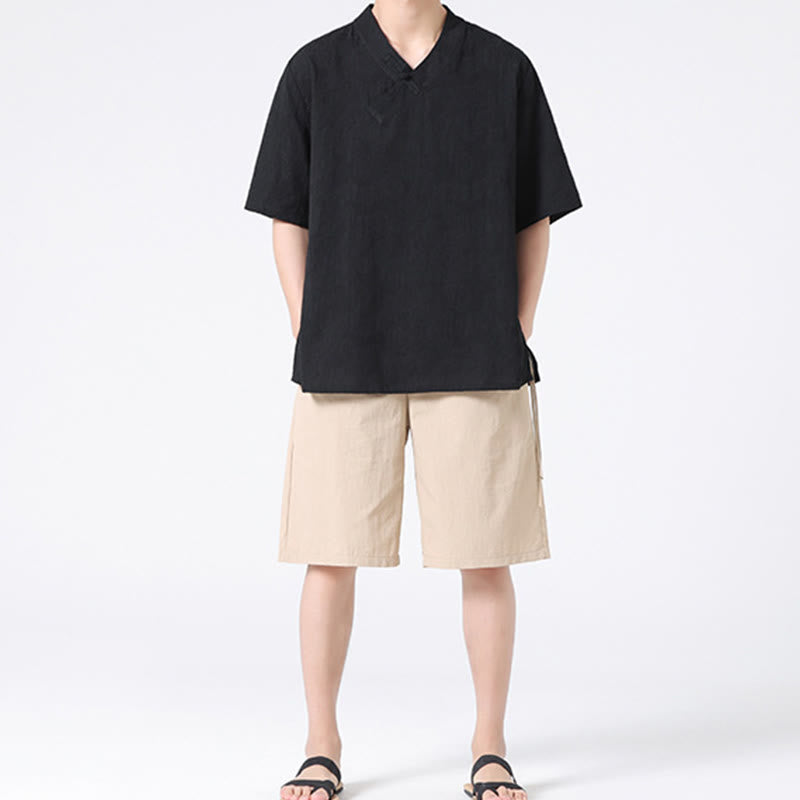 Buddha Stonesエスニック風 ダメージ加工 ジャカード フロッグボタン メンズ スタンドカラー 半袖 コットンリネン シャツ 太極拳服