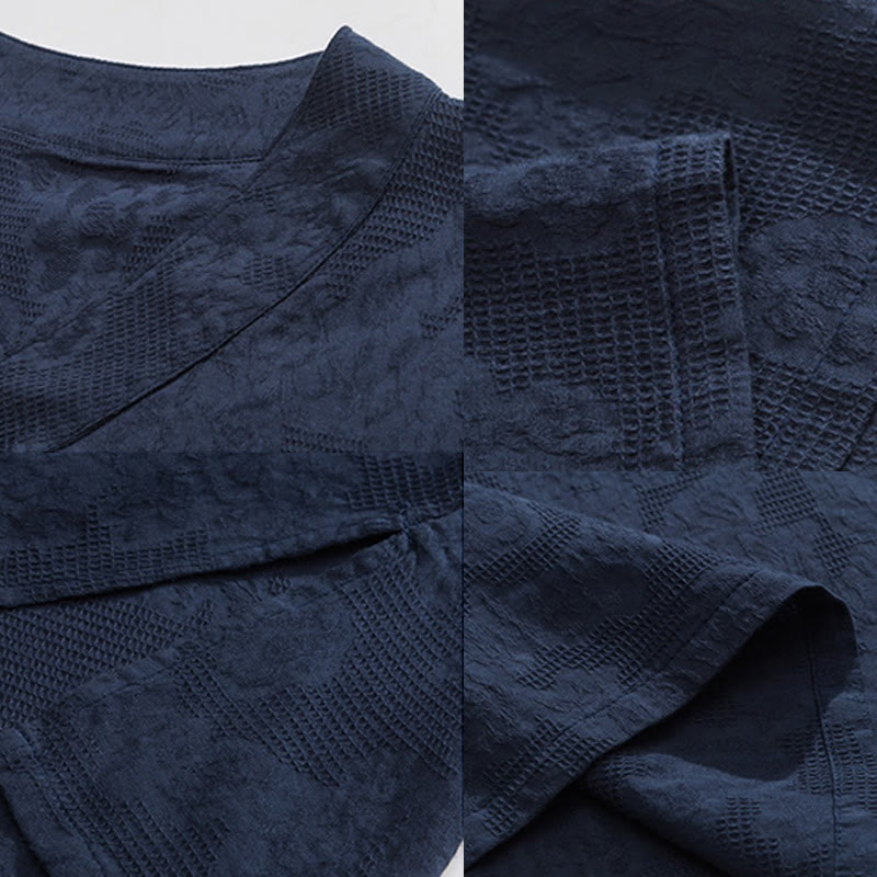 Buddha Stonesエスニック風 ダメージ加工 ジャカード フロッグボタン メンズ スタンドカラー 半袖 コットンリネン シャツ 太極拳服 - image 11