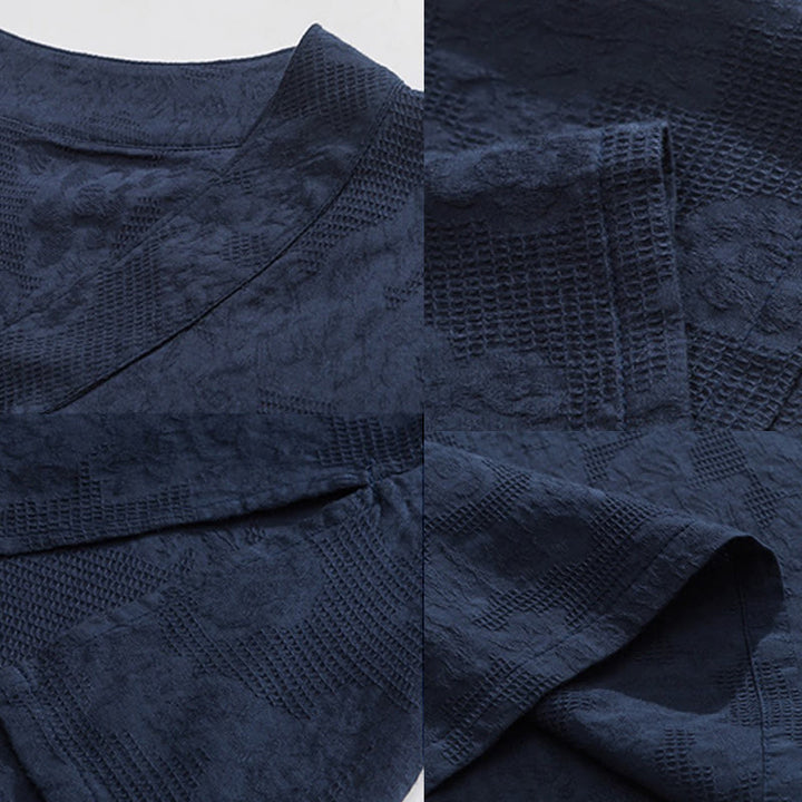 Buddha Stonesエスニック風 ダメージ加工 ジャカード フロッグボタン メンズ スタンドカラー 半袖 コットンリネン シャツ 太極拳服 - image 11