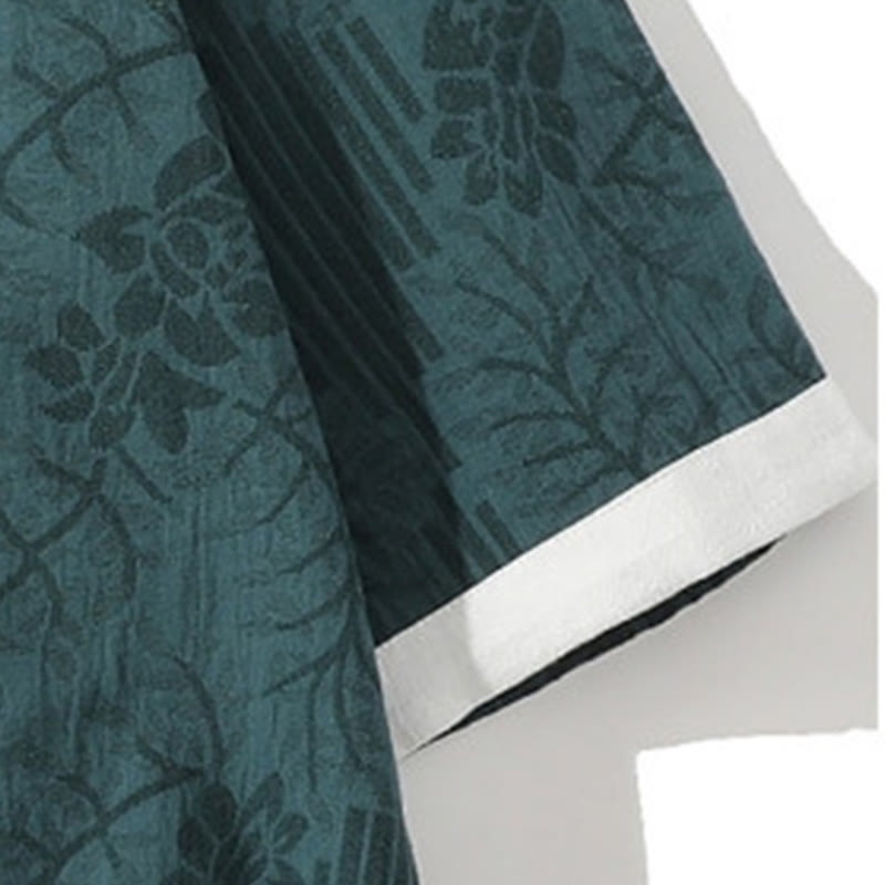 Buddha Stonesカジュアル サマー ジャカード 花柄 カエルボタン メンズ スタンドカラー コントラストカラー 半袖 コットン カーディガン シャツ - image 4