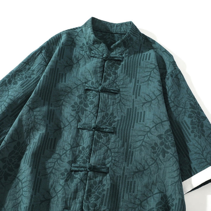 Buddha Stonesカジュアル サマー ジャカード 花柄 カエルボタン メンズ スタンドカラー コントラストカラー 半袖 コットン カーディガン シャツ