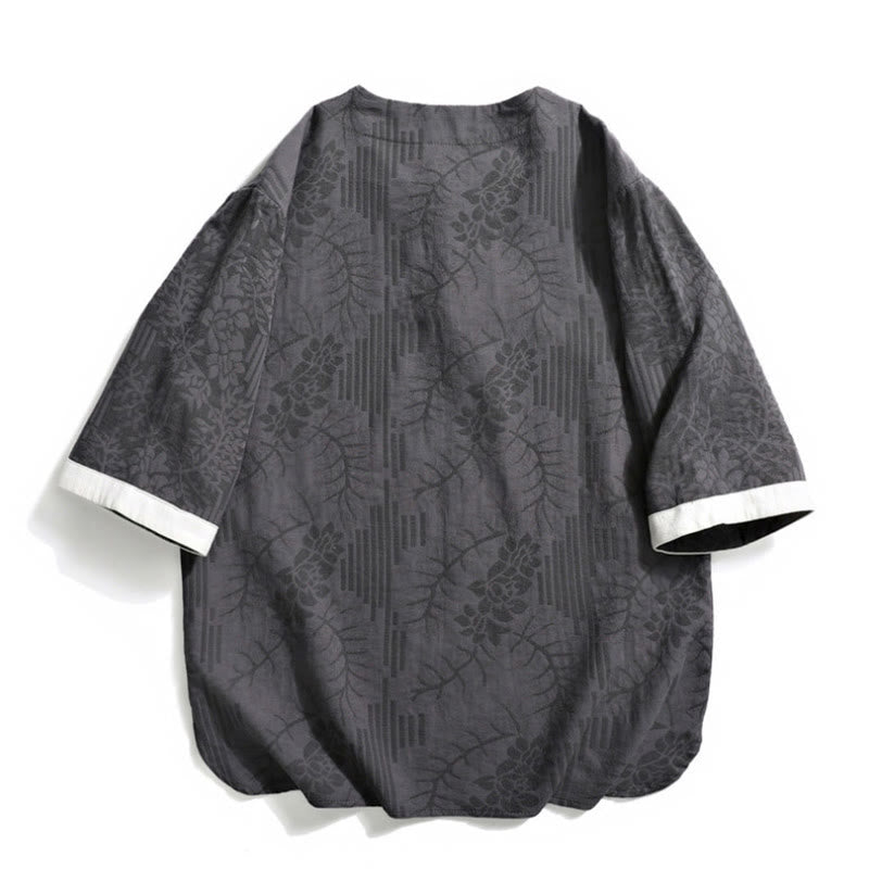 Buddha Stonesカジュアル レトロ ジャカード 中国風 カエルボタンデザイン メンズ クルーネック 半袖 コットンシャツ - image 2