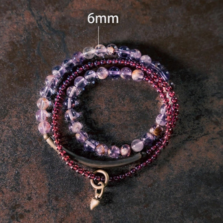Buddha Stonesレトロ 6mm アメジスト 4mm ガーネット マルチレイヤー バランスブレスレット