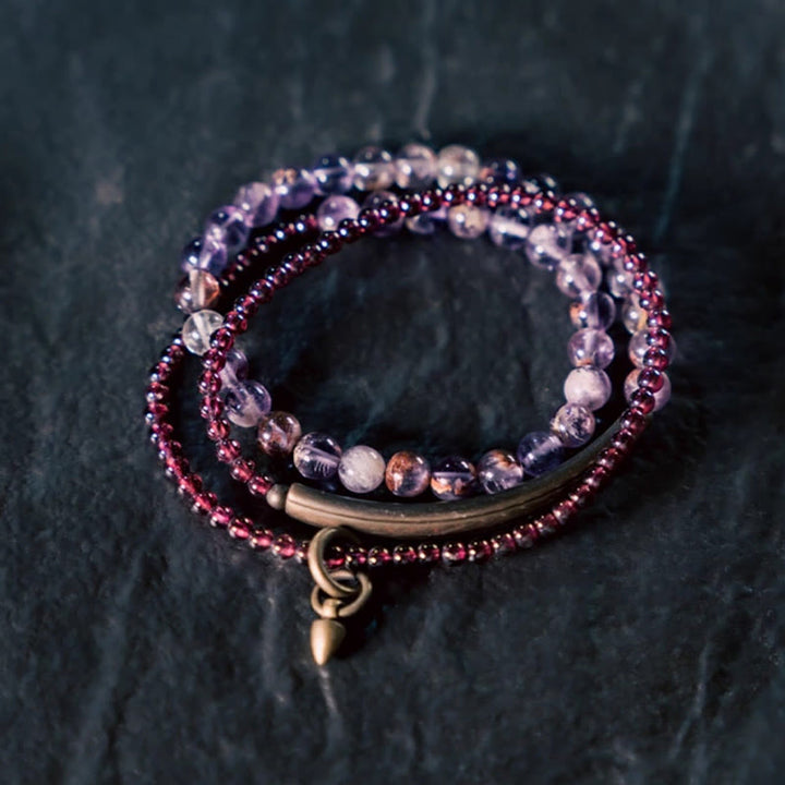 Buddha Stonesレトロ 6mm アメジスト 4mm ガーネット マルチレイヤー バランスブレスレット