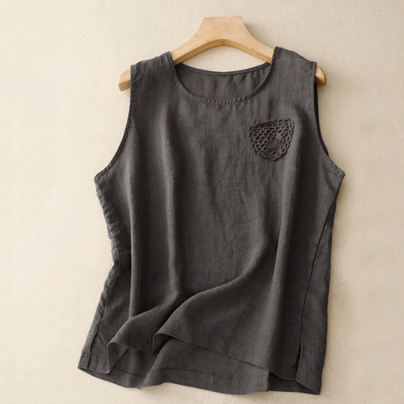 Buddha Stonesカジュアル 無地 刺繍パッチワークデザイン ノースリーブ クルーネック レディースベスト - ダークオリーブグリーン - US12、 UK/AU16、 EU44 (3XL) - image 15