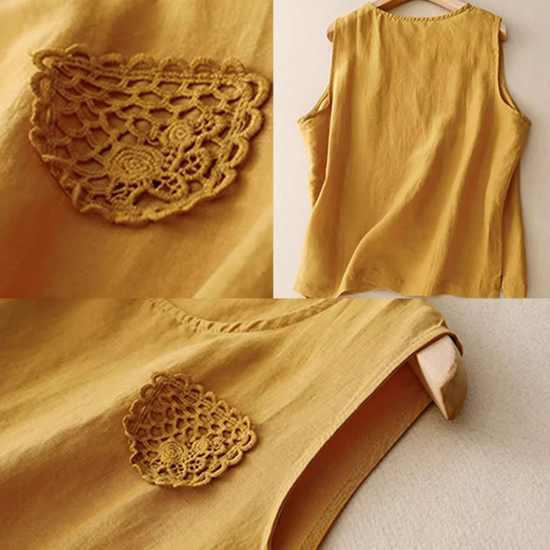 Buddha Stonesカジュアル 純色刺繍 パッチワークデザイン ノースリーブ クルーネック レディース コットンリネン ベスト - image 6