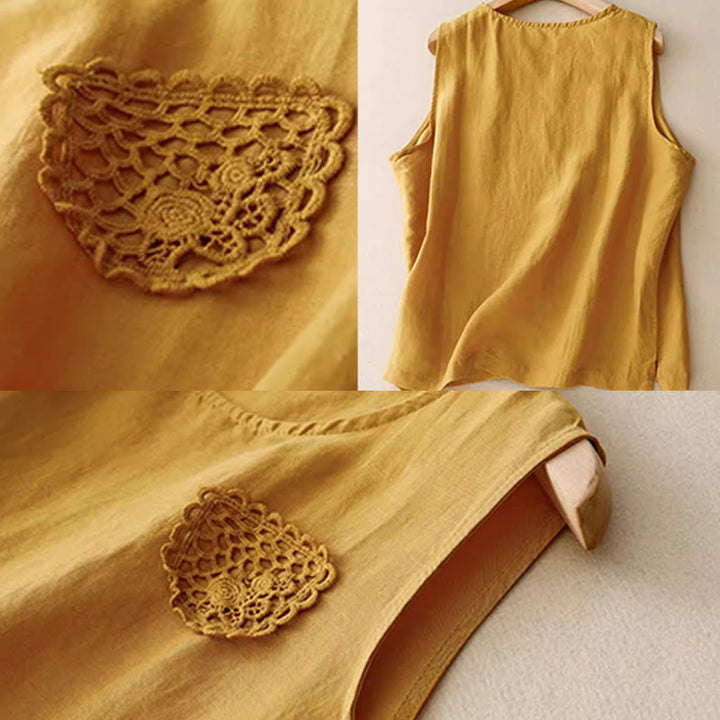 Buddha Stonesカジュアル 純色刺繍 パッチワークデザイン ノースリーブ クルーネック レディース コットンリネン ベスト - image 6