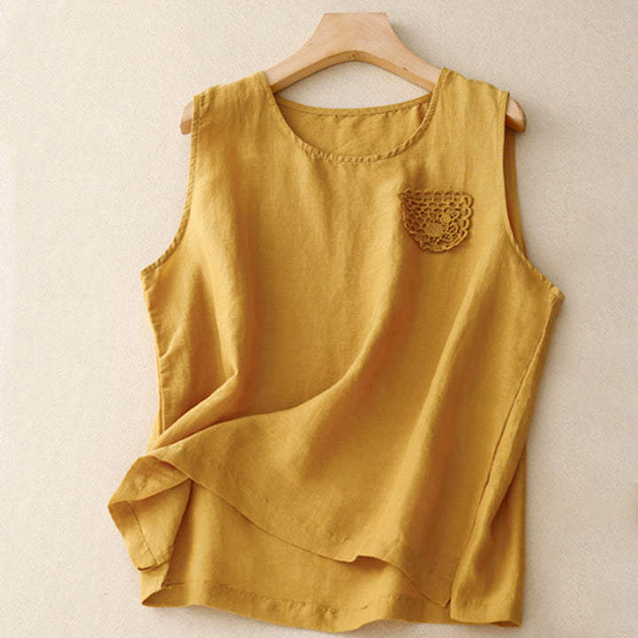 Buddha Stonesカジュアル 純色刺繍 パッチワークデザイン ノースリーブ クルーネック レディース コットンリネン ベスト