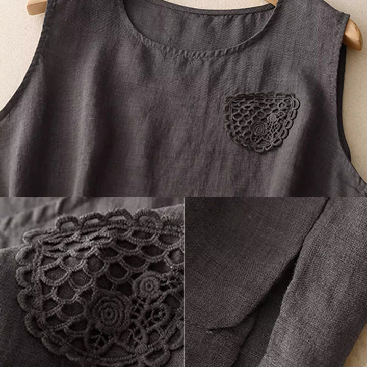 Buddha Stonesカジュアル 純色刺繍 パッチワークデザイン ノースリーブ クルーネック レディース コットンリネン ベスト