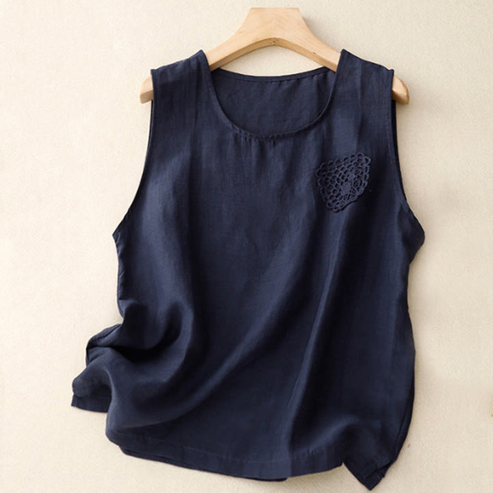 Buddha Stonesカジュアル 純色刺繍 パッチワークデザイン ノースリーブ クルーネック レディース コットンリネン ベスト