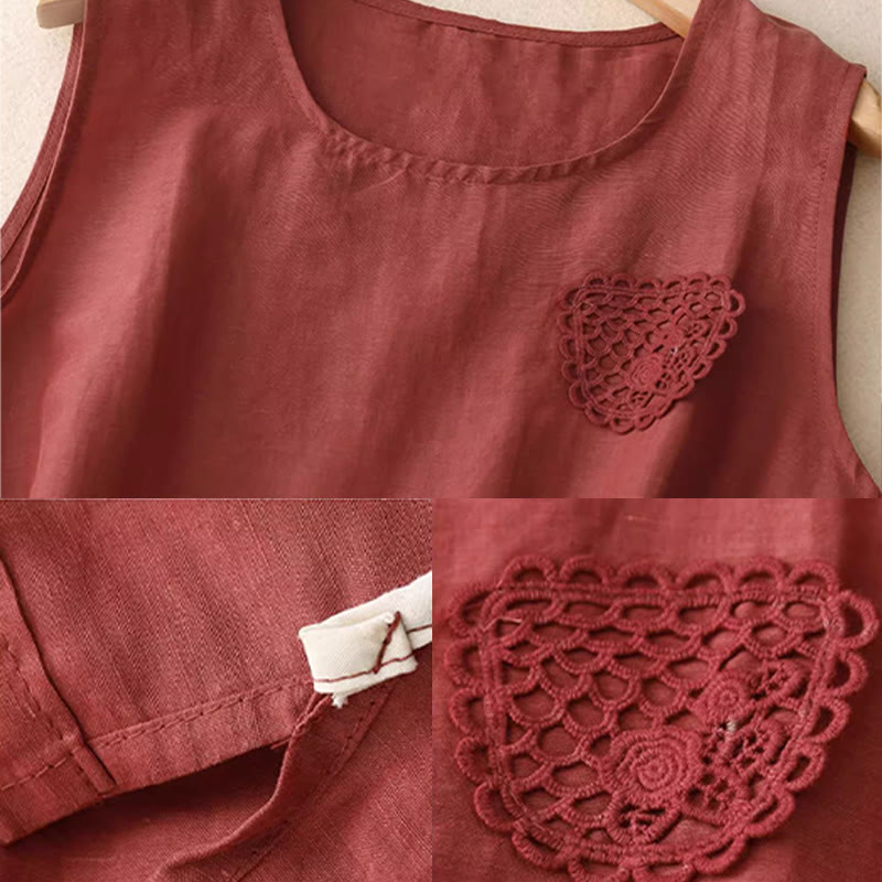 Buddha Stonesカジュアル 純色刺繍 パッチワークデザイン ノースリーブ クルーネック レディース コットンリネン ベスト
