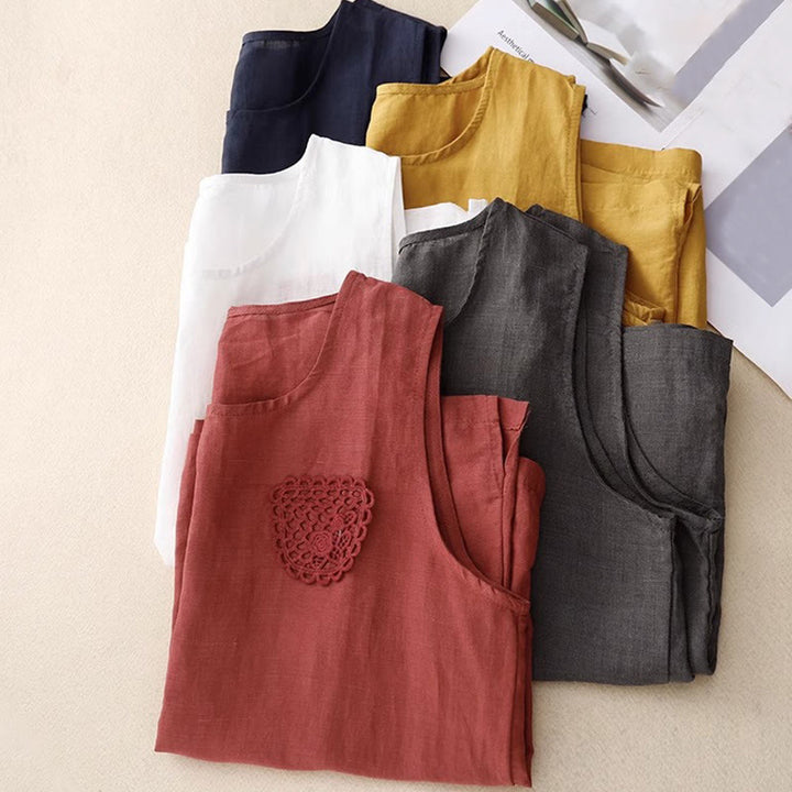 Buddha Stonesカジュアル 純色刺繍 パッチワークデザイン ノースリーブ クルーネック レディース コットンリネン ベスト
