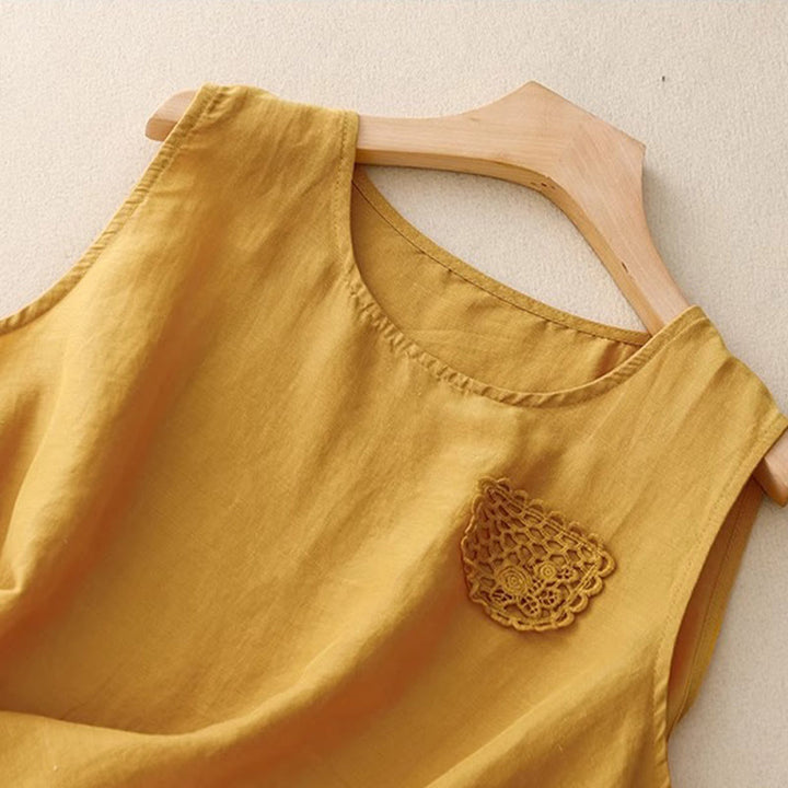 Buddha Stonesカジュアル 純色刺繍 パッチワークデザイン ノースリーブ クルーネック レディース コットンリネン ベスト