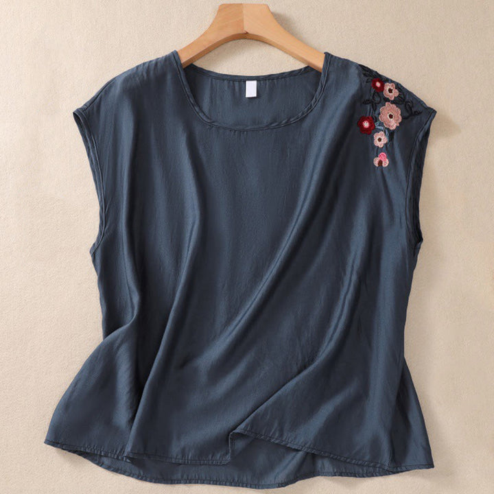 Buddha Stonesカジュアル ヴィンテージ 無地 刺繍 花柄 コントラストカラー ノースリーブ クルーネック レディース コットンリネン ベスト