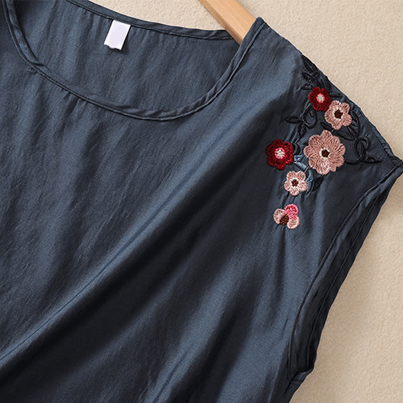 Buddha Stonesカジュアル ヴィンテージ 無地 刺繍 花柄 コントラストカラー ノースリーブ クルーネック レディース コットンリネン ベスト