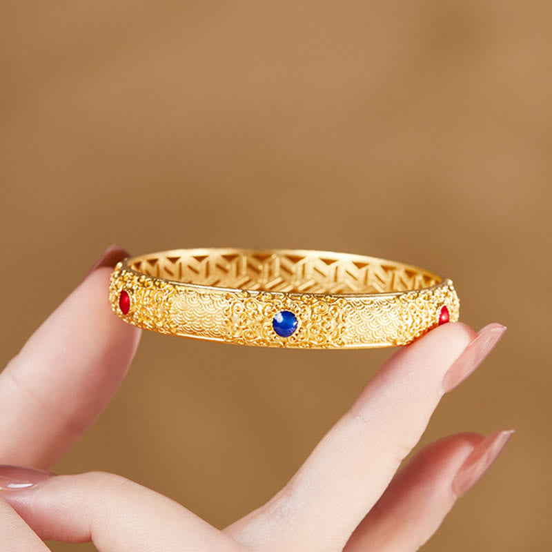 Buddha Stones925 スターリングシルバー ゴールデン 縁起の良い雲 中空デザイン守護ブレスレットバングル 2.20インチ (56 MM) - image 2