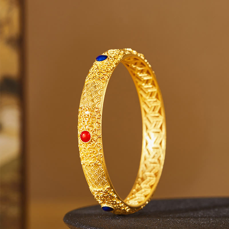 Buddha Stones925 スターリングシルバー ゴールデン 縁起の良い雲 中空デザイン守護ブレスレットバングル 2.20インチ (56 MM) - image 1