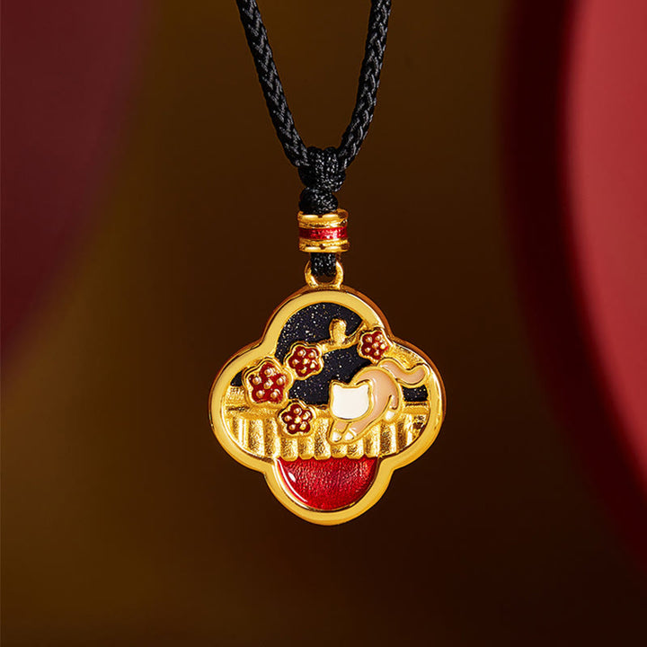 Buddha Stones925スターリングシルバー プラムブロッサムキャット 四つ葉のクローバー 祝福ネックレスペンダント - 925スターリングシルバー - image 0