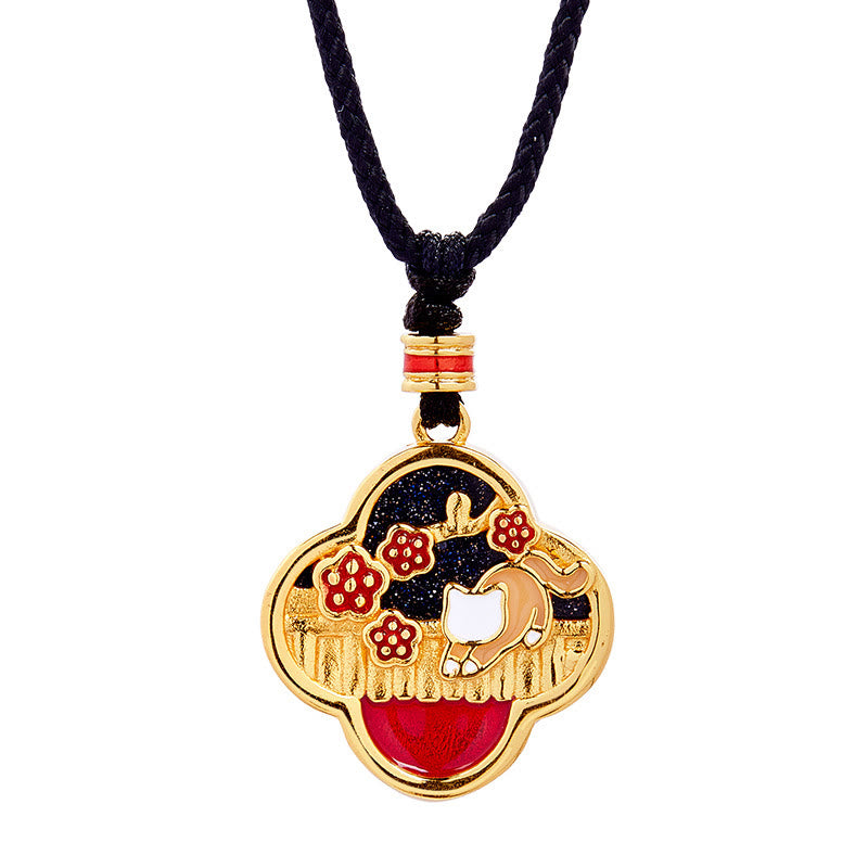 Buddha Stones925スターリングシルバー プラムブロッサムキャット 四つ葉のクローバー 祝福ネックレスペンダント - image 9