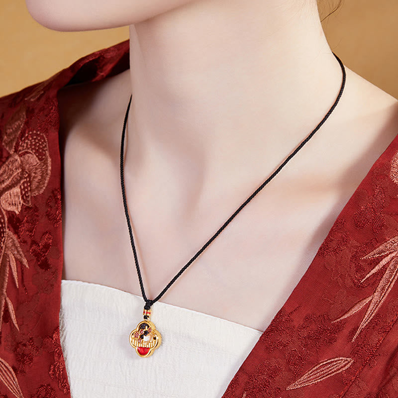 Buddha Stones925スターリングシルバー プラムブロッサムキャット 四つ葉のクローバー 祝福ネックレスペンダント - image 4