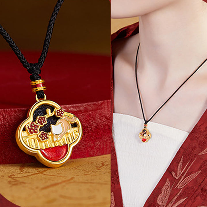 Buddha Stones925スターリングシルバー プラムブロッサムキャット 四つ葉のクローバー 祝福ネックレスペンダント - image 8