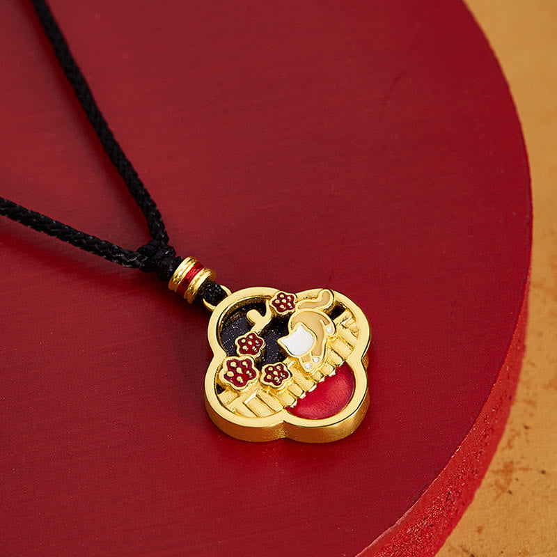 Buddha Stones925スターリングシルバー プラムブロッサムキャット 四つ葉のクローバー 祝福ネックレスペンダント - image 2