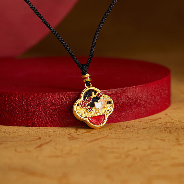 Buddha Stones925スターリングシルバー プラムブロッサムキャット 四つ葉のクローバー 祝福ネックレスペンダント - image 3