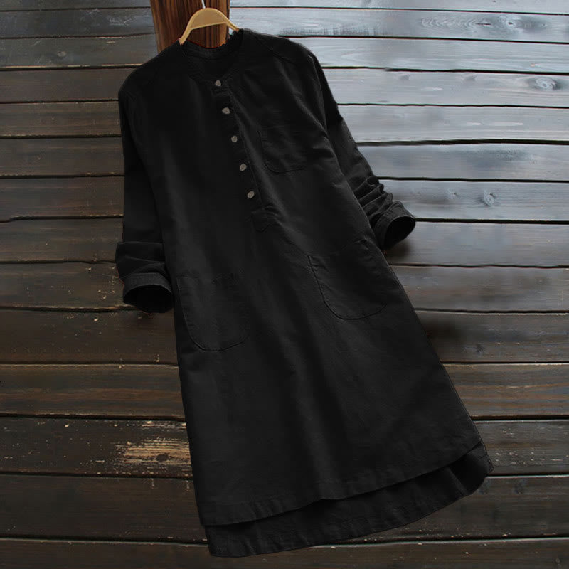Buddha Stones無地ボタン 長袖 レディース シャツ ポケット付き - 黒 - US16、 UK/AU20、 EU48 (5XL) - image 11