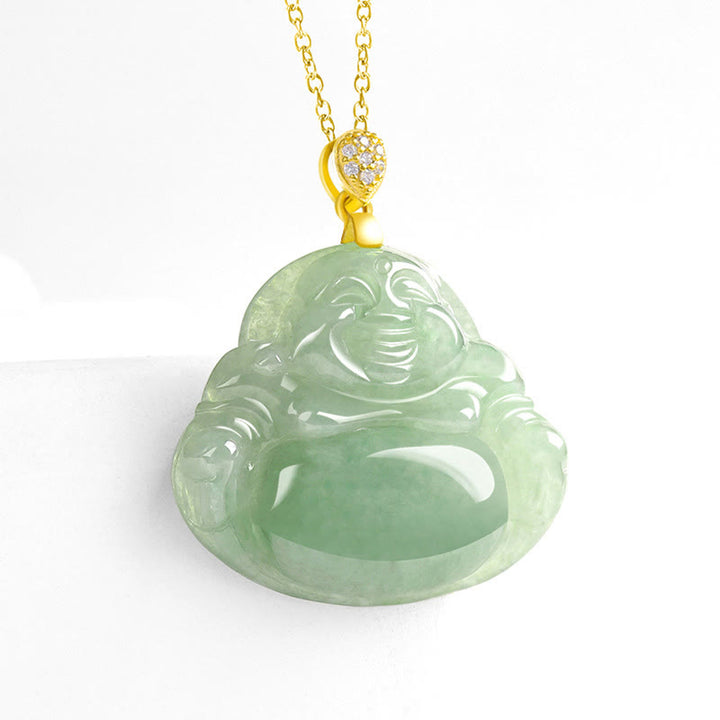 Buddha Stones925スターリングシルバー 天然翡翠 笑う仏陀 幸運 繁栄 チェーンネックレス ペンダント