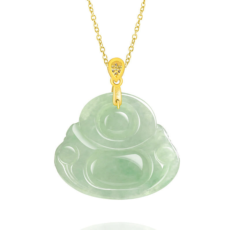 Buddha Stones925スターリングシルバー 天然翡翠 笑う仏陀 幸運 繁栄 チェーンネックレス ペンダント