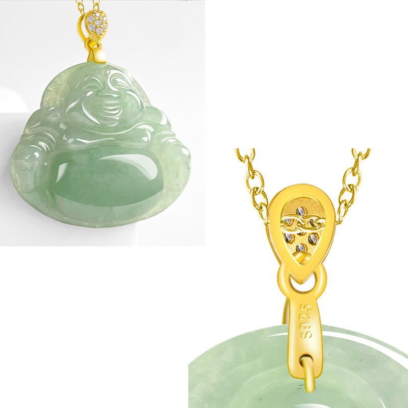 Buddha Stones925スターリングシルバー 天然翡翠 笑う仏陀 幸運 繁栄 チェーンネックレス ペンダント