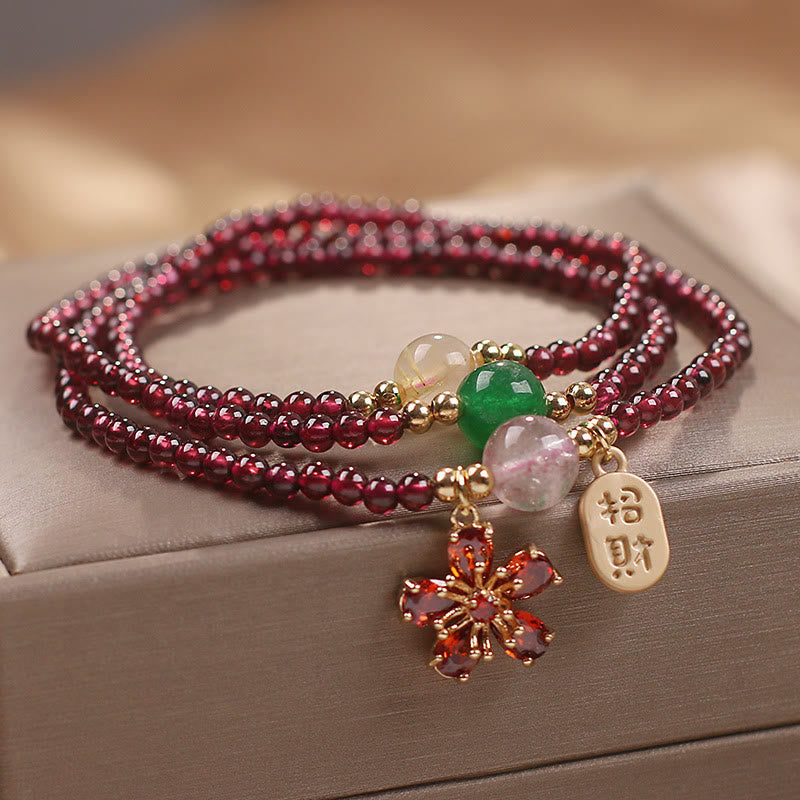 天然  ガーネットビーズ 桜の花 多層パワーストーン ブレスレット 恋愛運 幸運 開運 魔除け | Buddha Stones