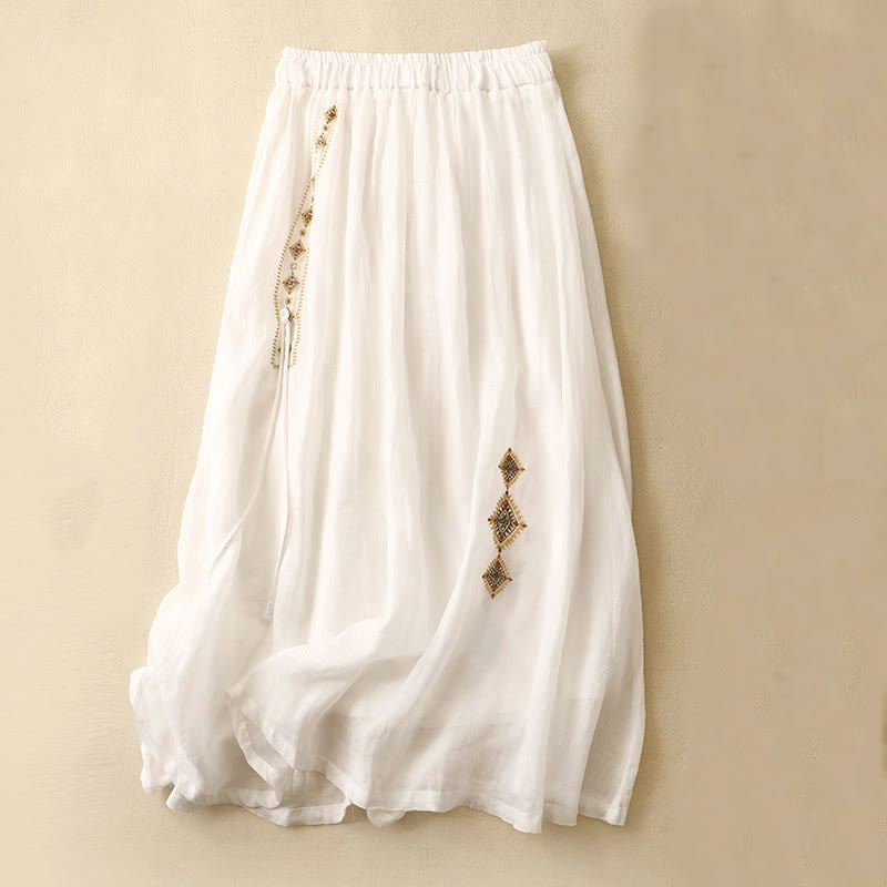Buddha Stonesエスニックヴィンテージ刺繍ボタンデザインレディースコットンリネン7-8丈スカート
