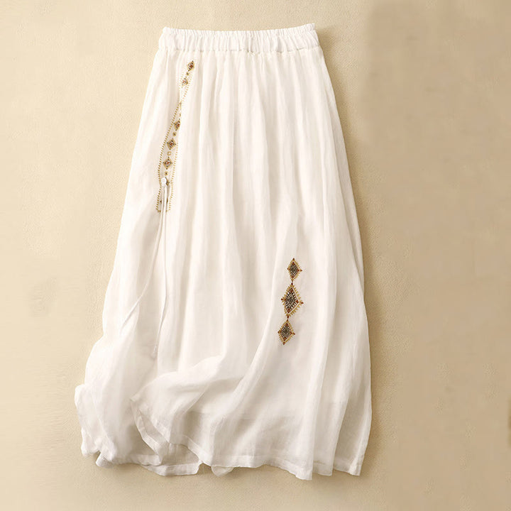 Buddha Stonesエスニックヴィンテージ刺繍ボタンデザインレディースコットンリネン7-8丈スカート - 白 - US8-10，UK/AU12-14，EU40-42 (2XL) - image 5