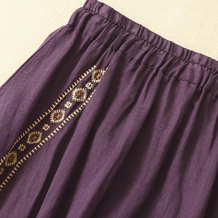 Buddha Stonesエスニックヴィンテージ刺繍ボタンデザインレディースコットンリネン7-8丈スカート