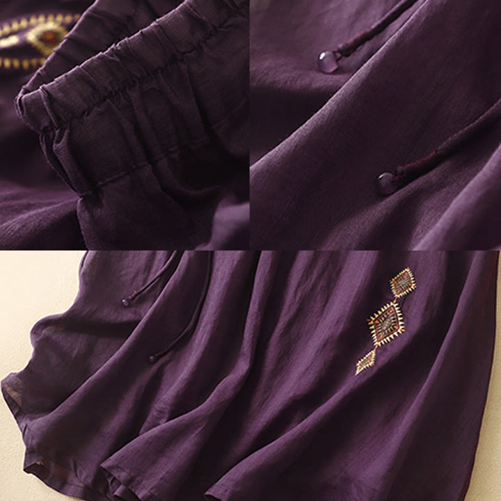 Buddha Stonesエスニックヴィンテージ刺繍ボタンデザインレディースコットンリネン7-8丈スカート