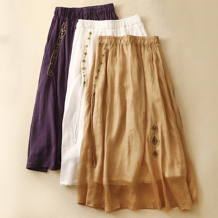 Buddha Stonesエスニックヴィンテージ刺繍ボタンデザインレディースコットンリネン7-8丈スカート