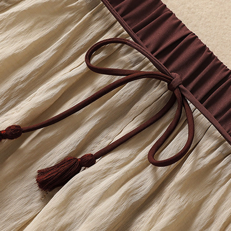 Buddha Stonesカジュアル コントラストカラー プリーツ レースアップデザイン レディース コットンリネン 7-8丈スカート - image 3